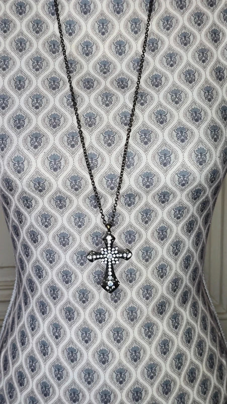 collier sautoir vintage - neuf - chaine bronze en acier - pendentif croix strass argenté brillant - gravé travaillé