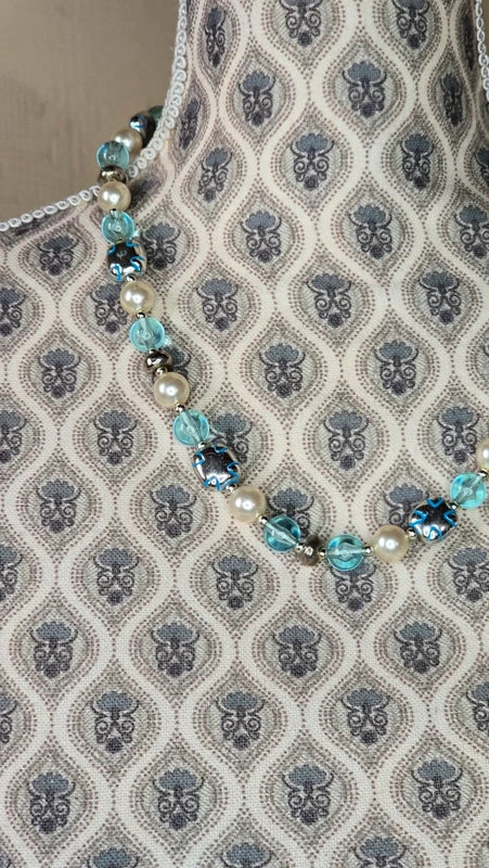 Collier vintage - neuf - perles blanc nacré bleu translucide argenté - rétro chic élégant