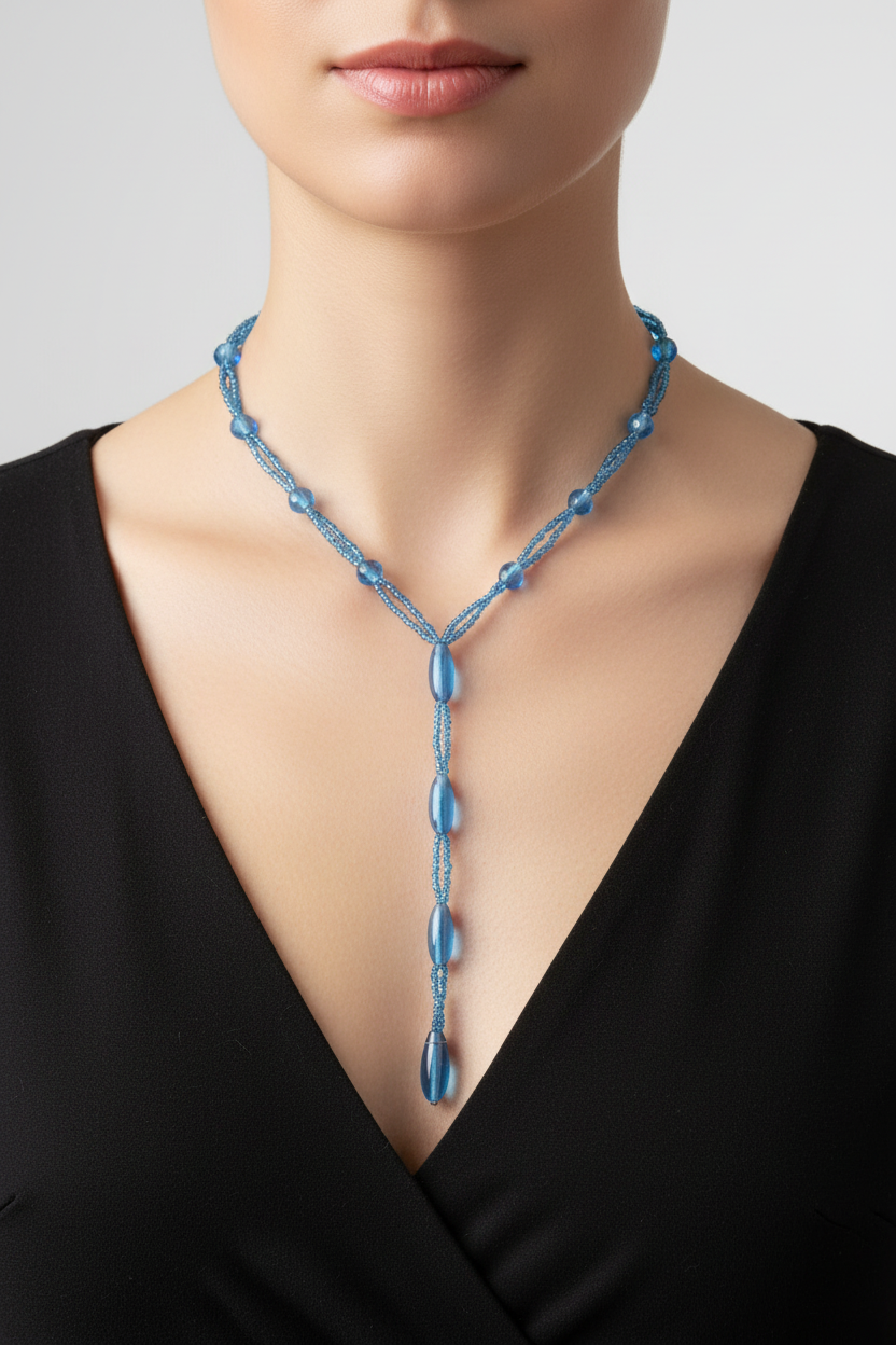 collier vintage sautoir - neuf - effet cravate - perles en verre bleu translucide brillantes - élégante chic - forme y