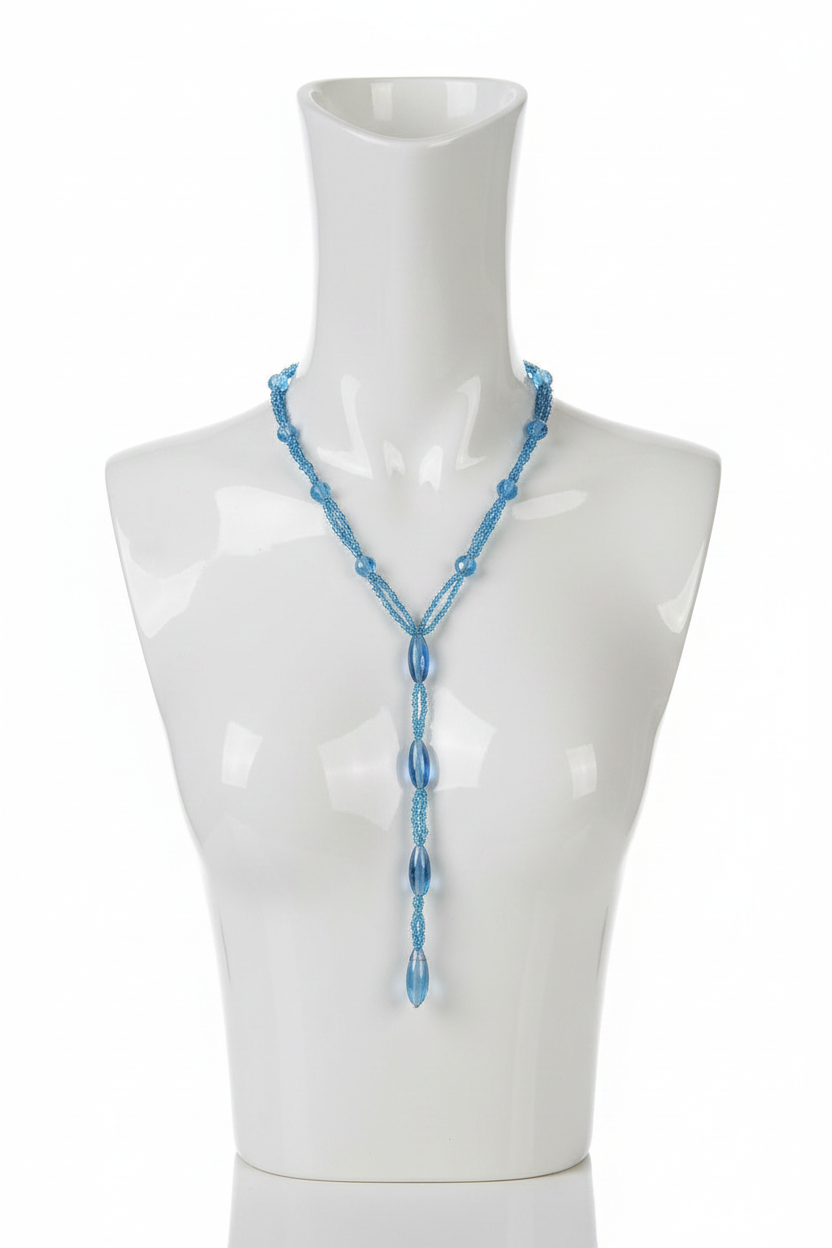 collier vintage sautoir - neuf - effet cravate - perles en verre bleu translucide brillantes - élégante chic - forme y
