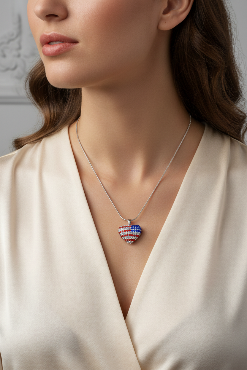 collier vintage - neuf - chaine argenté - pendentif coeur strass drapeau USA américain etats unis - brillant