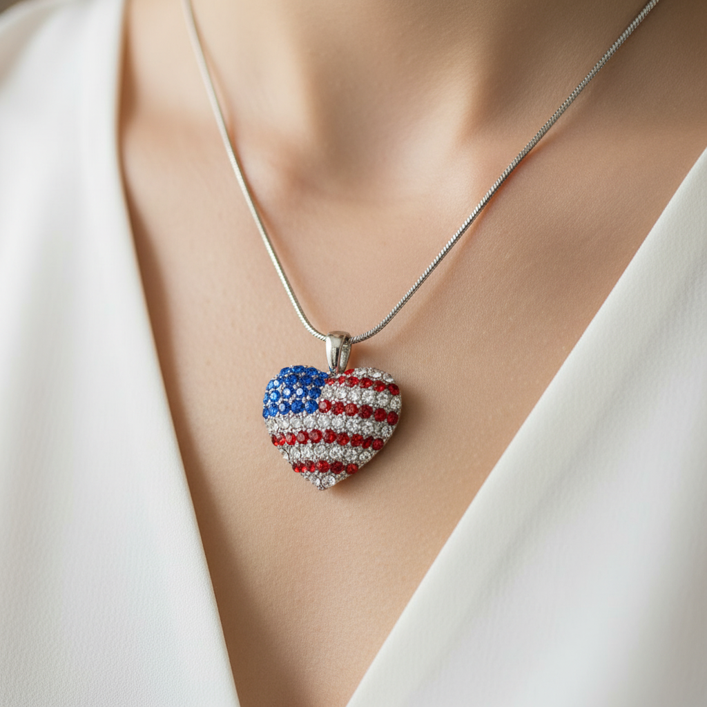 collier vintage - neuf - chaine argenté - pendentif coeur strass drapeau USA américain etats unis - brillant