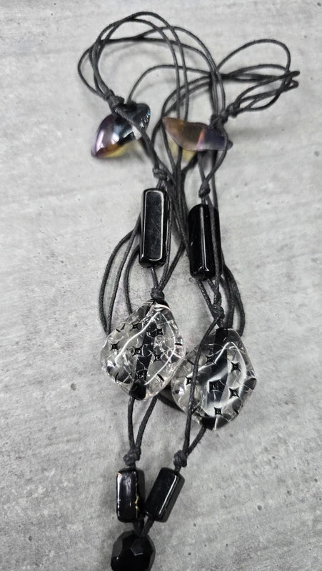 collier sautoir vintage - neuf - pendentif marbre noir blanc transparent - pierre perles étoile - reflets - chic élégant