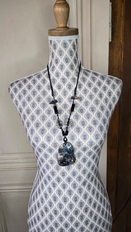 collier sautoir vintage - neuf - pendentif marbre noir blanc transparent - pierre perles étoile - reflets - chic élégant