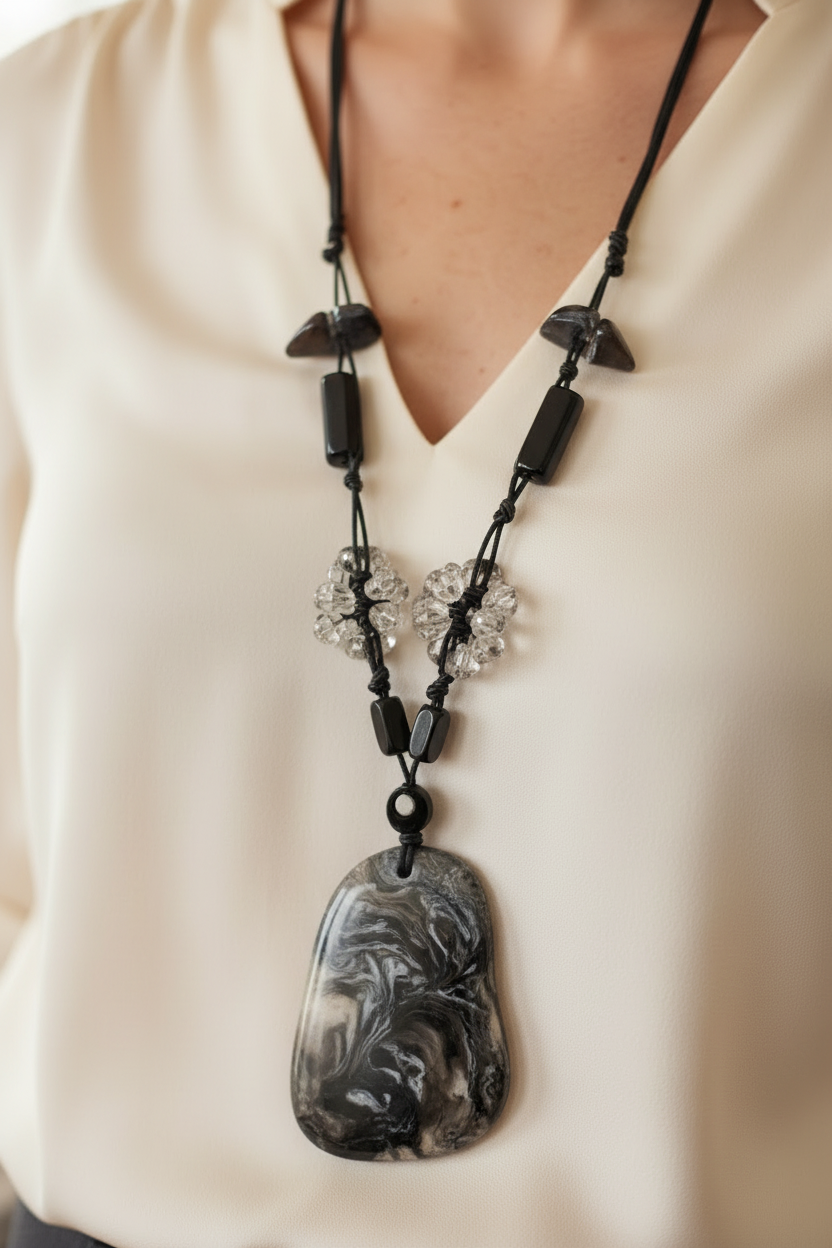 collier sautoir vintage - neuf - pendentif marbre noir blanc transparent - pierre perles étoile - reflets - chic élégant