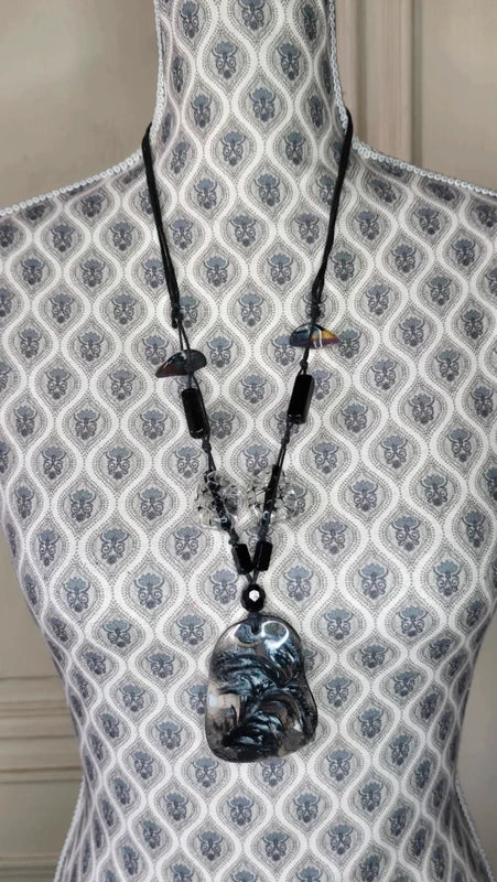 collier sautoir vintage - neuf - pendentif marbre noir blanc transparent - pierre perles étoile - reflets - chic élégant