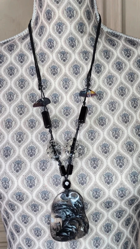 collier sautoir vintage - neuf - pendentif marbre noir blanc transparent - pierre perles étoile - reflets - chic élégant
