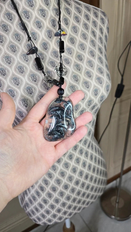 collier sautoir vintage - neuf - pendentif marbre noir blanc transparent - pierre perles étoile - reflets - chic élégant