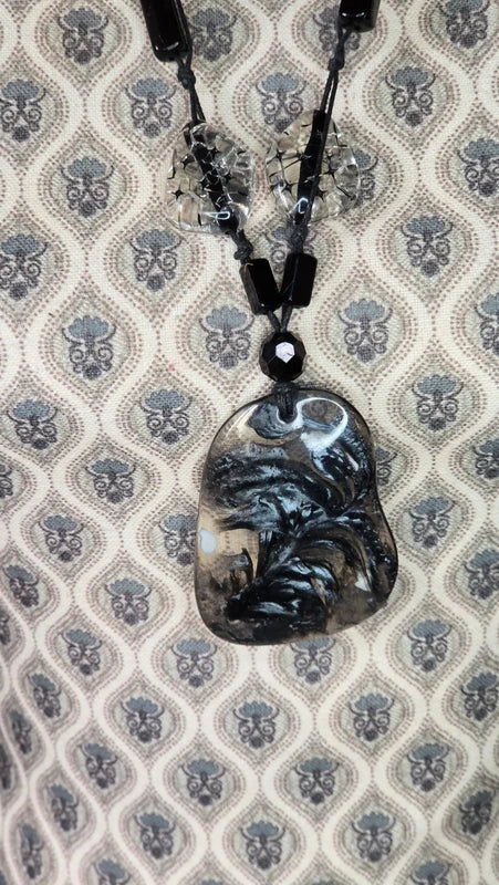 collier sautoir vintage - neuf - pendentif marbre noir blanc transparent - pierre perles étoile - reflets - chic élégant
