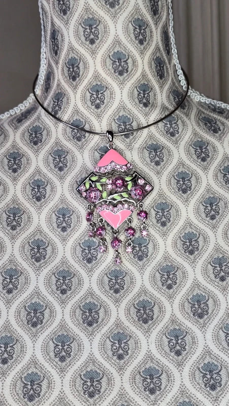 pendentif vintage - neuf - strass rose fleurs feuilles vertes fuchsia - articulé - chic