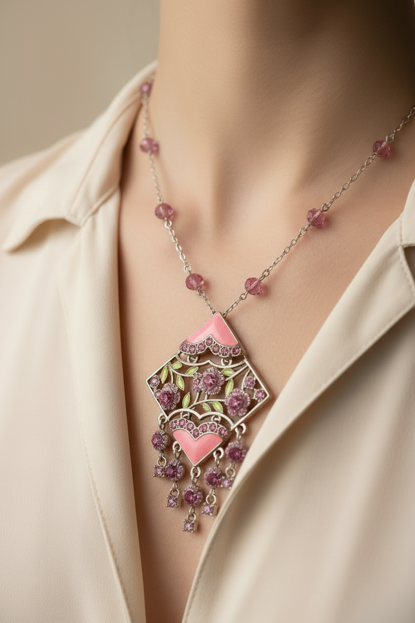 pendentif vintage - neuf - strass rose fleurs feuilles vertes fuchsia - articulé - chic