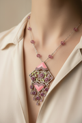pendentif vintage - neuf - strass rose fleurs feuilles vertes fuchsia - articulé - chic