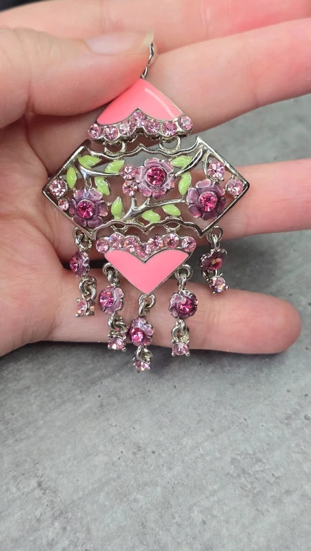 pendentif vintage - neuf - strass rose fleurs feuilles vertes fuchsia - articulé - chic