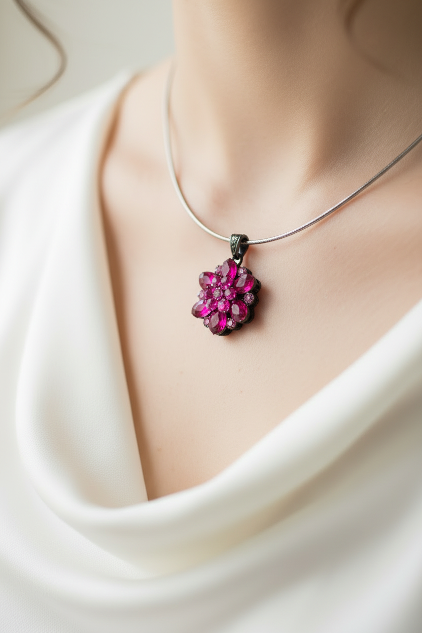 pendentif vintage - neuf - fleur strass rose fuchsia élégant chic lumineux