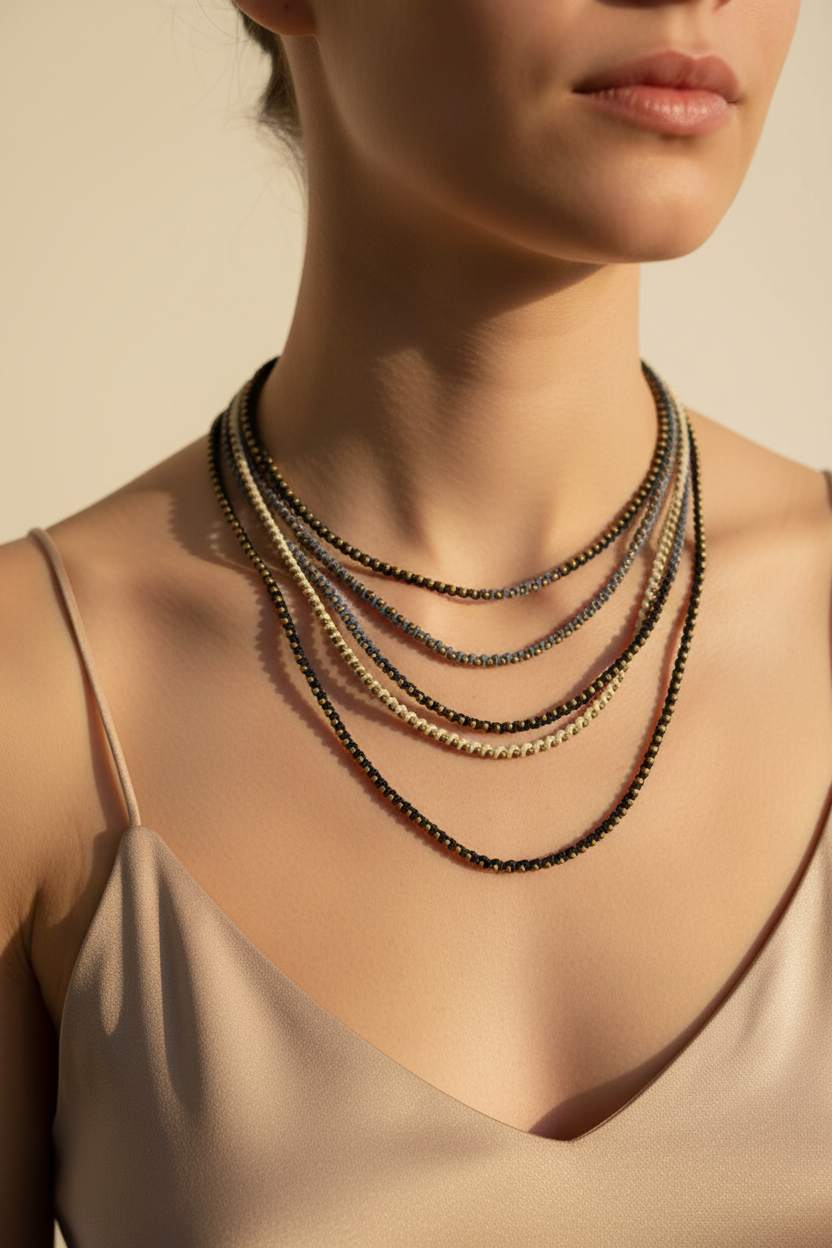 collier ou bracelet -  neuf - multi rang cordon tresse - perle métallique doré bronze - gris noir blanc - bohème tendance