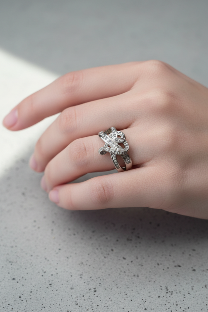 bague vintage - neuf - coeur entrelacé argenté - strass pierre - chic élégant - taille 18 mm