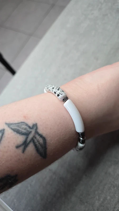 Bracelet - fait main - tube acétate noir blanc dalmatien - pierre naturelle hématite - extensible tendance