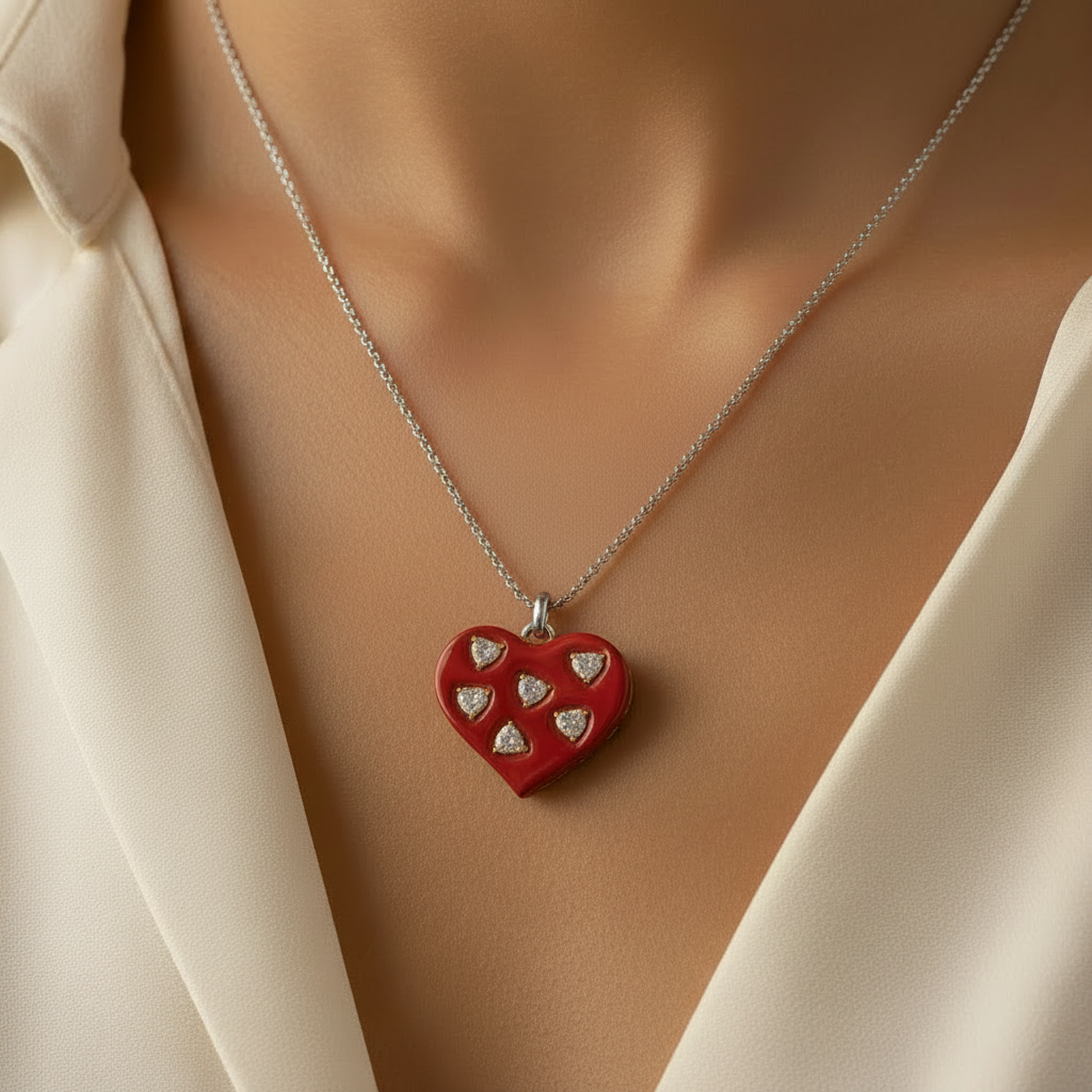 collier vintage - neuf - cacharel - rare - chaine argentée - pendentif coeur strass - chic