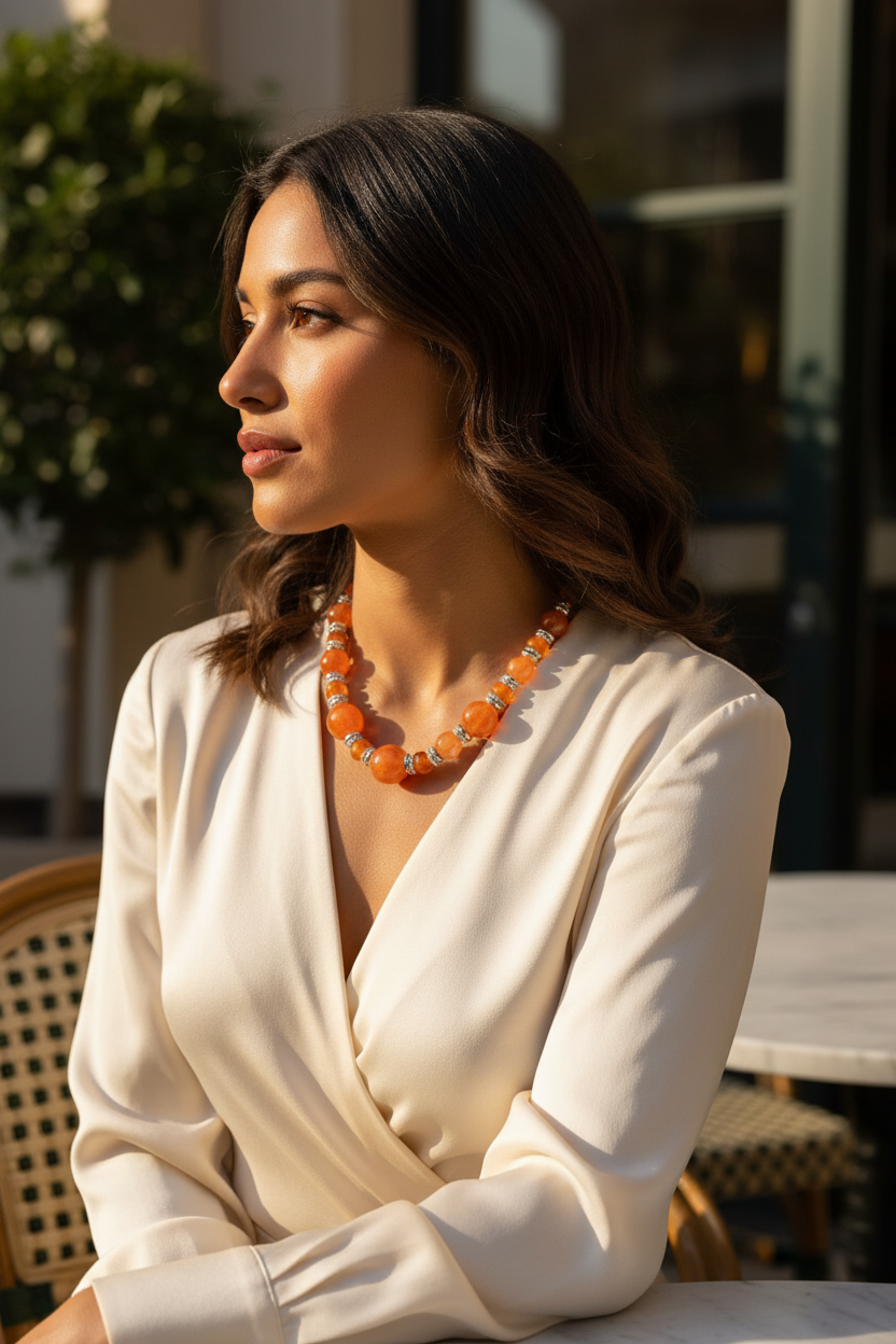 collier vintage - neuf - grosses perles orange perles mates - séparateurs argenté - rétro