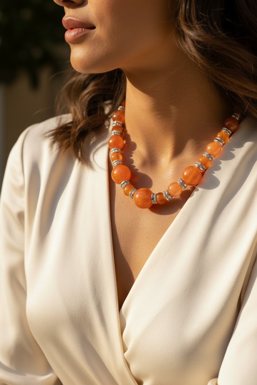 collier vintage - neuf - grosses perles orange perles mates - séparateurs argenté - rétro
