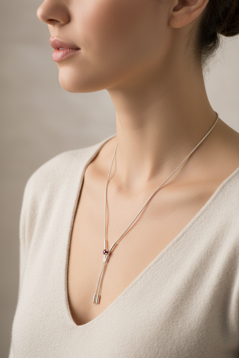 collier vintage - chaine argentée - pendentif mobile silhouette articulé - strass violet - forme y - chic