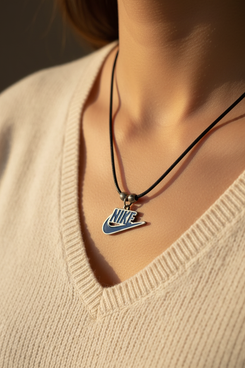 collier vintage - rétro années 2000 - logo NIKE bleu argenté - style Y2K streetwear
