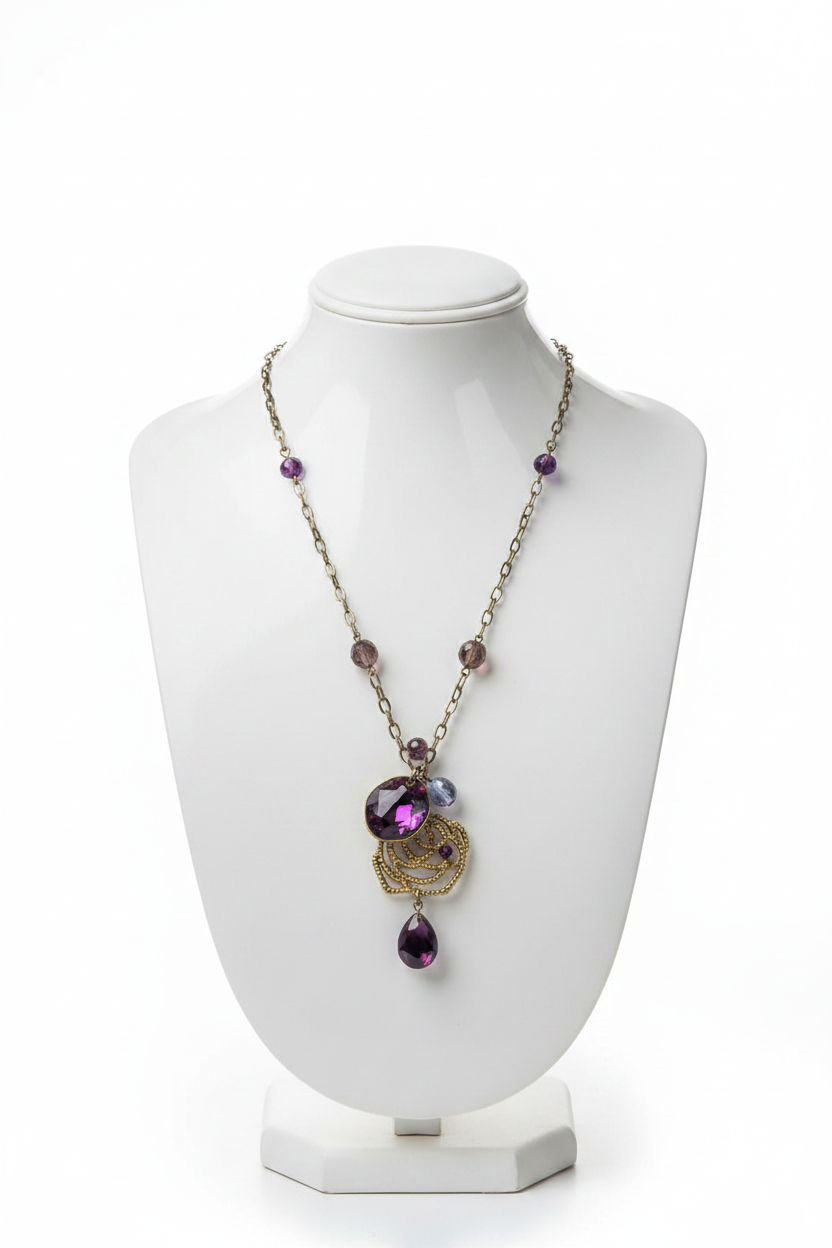 collier vintage - neuf - chaine doré chaine - pendentif rose cristaux rouge violet perles - chic élégant