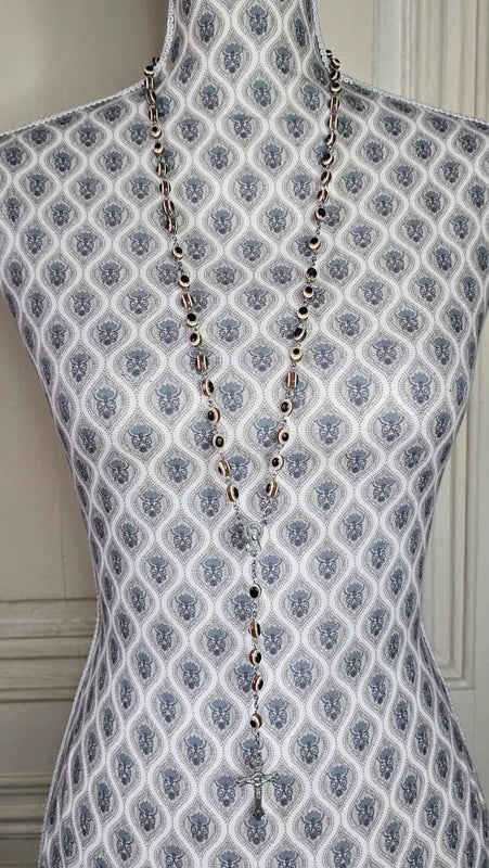 Collier sautoir chapelet - perles marron ou vert - effet oeil - médaillon religieux croix christ vierge marie