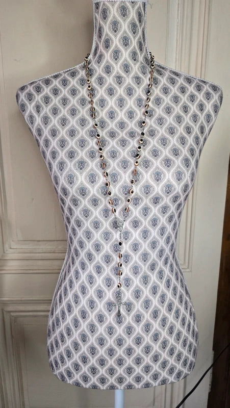 Collier sautoir chapelet - perles marron ou vert - effet oeil - médaillon religieux croix christ vierge marie