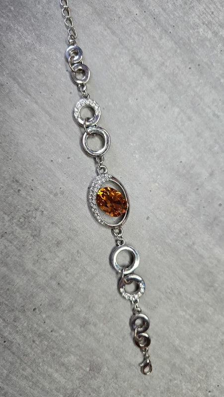 bracelet vintage - neuf - pierre facette effet ambre orange - strass argenté - cercle brillant - chic élégant - acier inoxydable