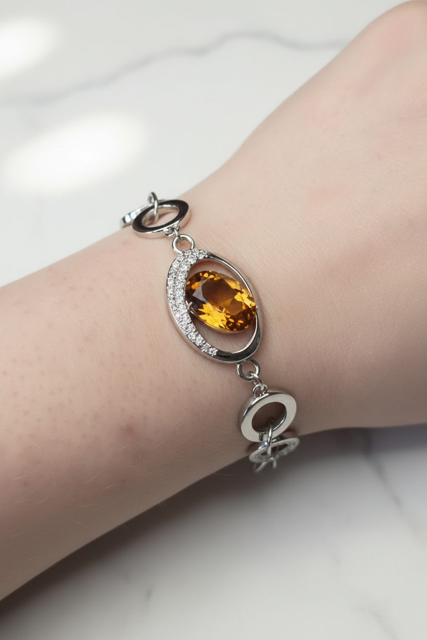 bracelet vintage - neuf - pierre facette effet ambre orange - strass argenté - cercle brillant - chic élégant - acier inoxydable