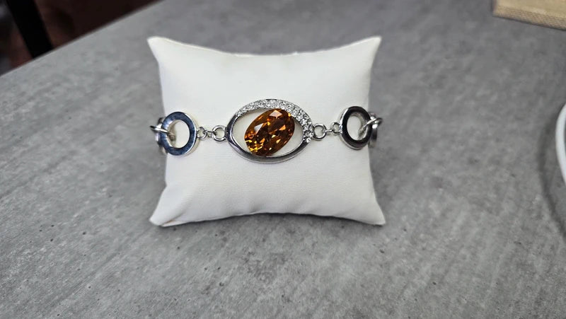 bracelet vintage - neuf - pierre facette effet ambre orange - strass argenté - cercle brillant - chic élégant - acier inoxydable