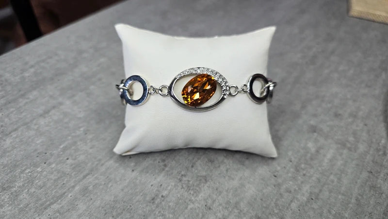 bracelet vintage - neuf - pierre facette effet ambre orange - strass argenté - cercle brillant - chic élégant - acier inoxydable