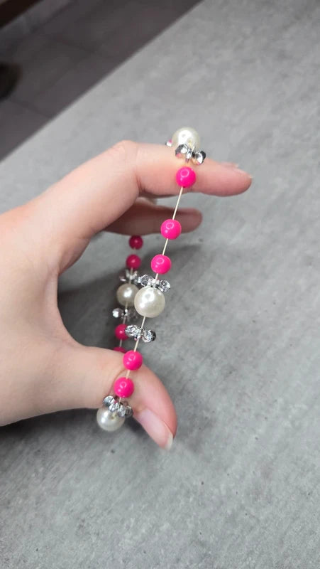 bracelet vintage - perles rose fuchsia brillant blanc nacre fleurs argenté - fantaisie chic - élastique