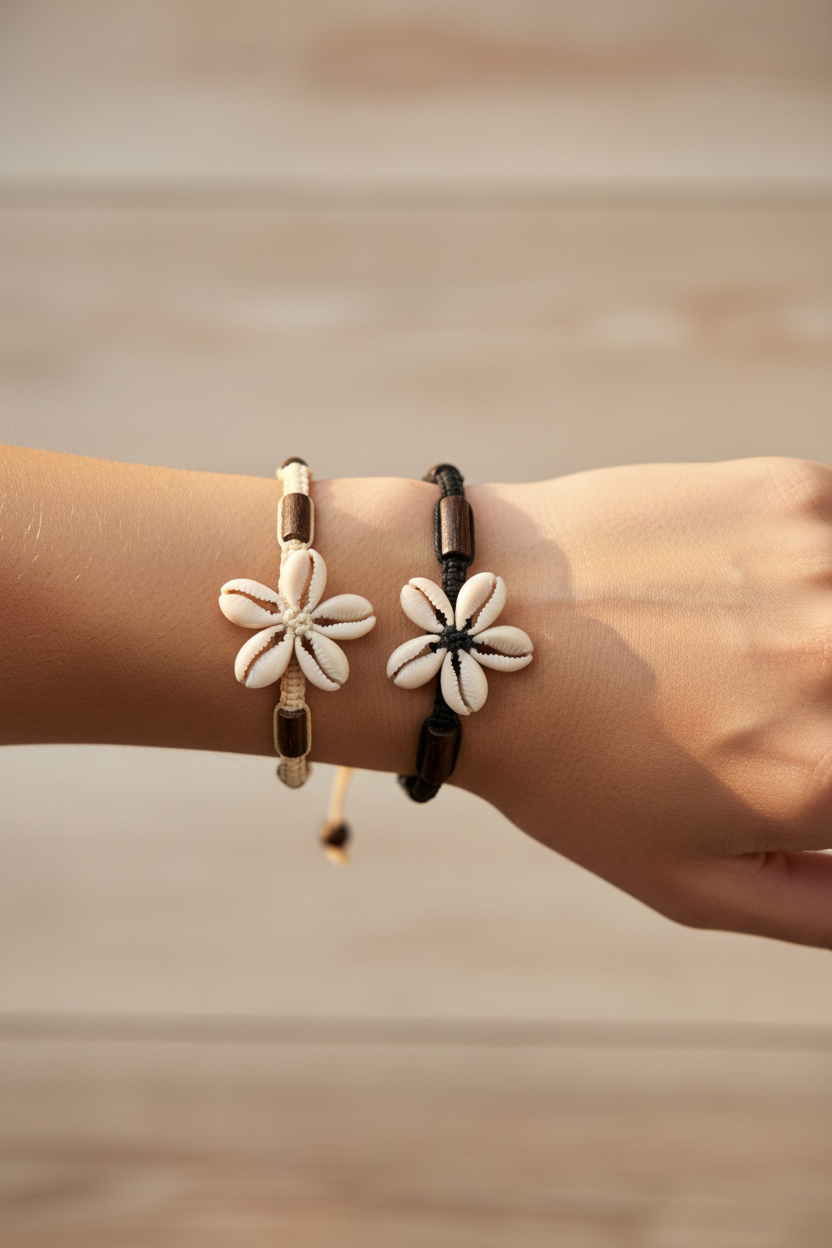 bracelet vintage - neuf - cordon noir ou beige tressé - perles bois - coquillage cauris fleurs - bohème estival