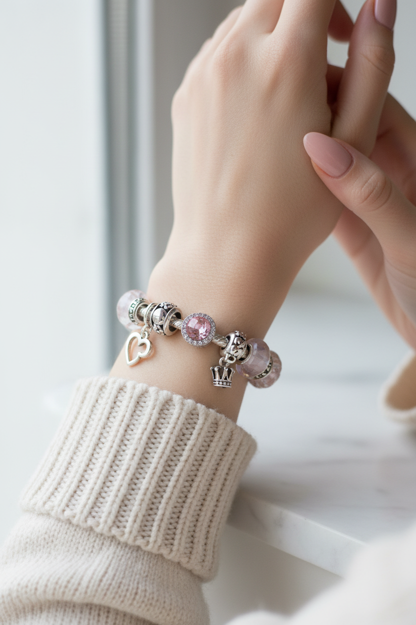 charm - neuf - pierre facette brillant rose strass argenté - bi face - acier inoxydable - coeur charms convient aux pandora
