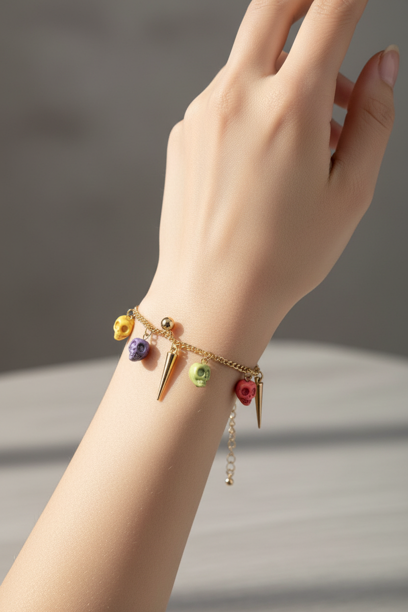 bracelet de cheville vintage - neuf - chaine doré - crane effet marbre coloré pic - rock bankle bracelet
