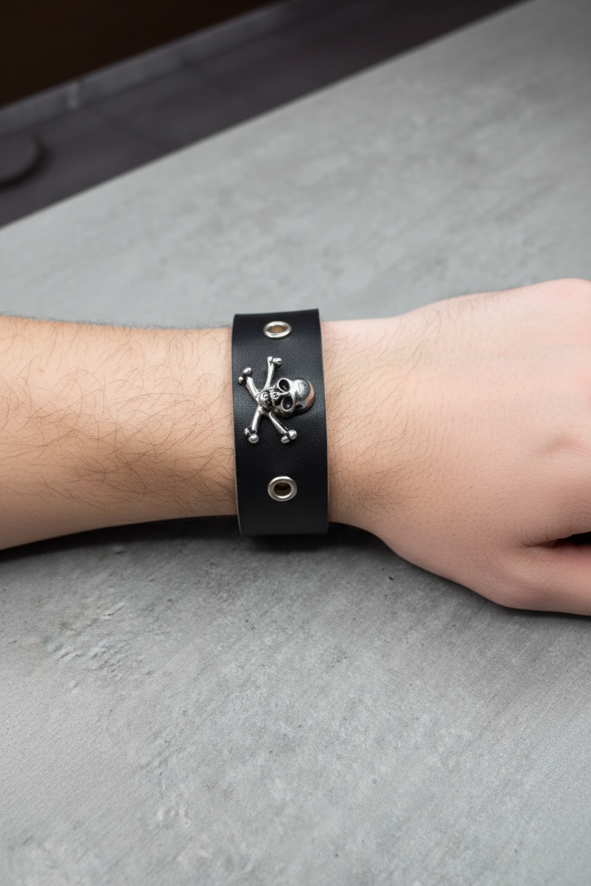 bracelet manchette vintage - noir simili cuir - tete de mort - métal style rock bicker gothique - ajustable