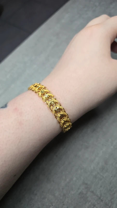bracelet vintage - neuf - effet gourmette - acier inoxydable doré - motif ajouré travaillé maille - style rétro - chic