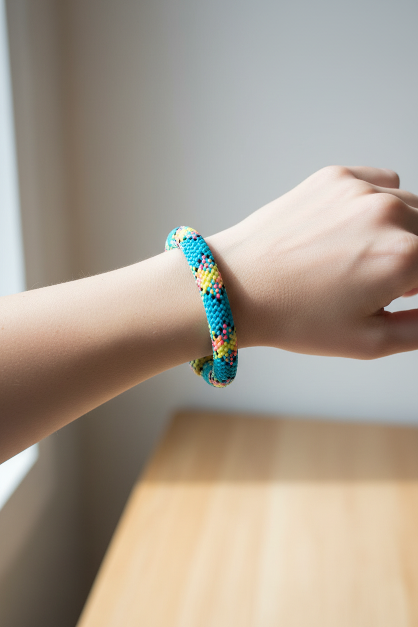 bracelet vintage - neuf - années 80 - rétro - corde tressé - multicolore bleu turquoise jaune rose noir blanc