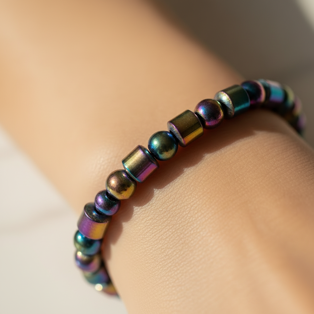 bracelet - neuf  - fait main - élastique - perles pierre naturelle hématite - multicolore irisé reflet arc en ciel - moderne