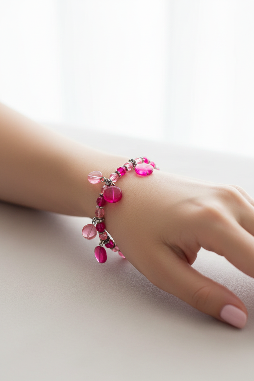 bracelet vintage - neuf - perles rose fuchsia - charm rond - style rétro girly Y2K - femme ou fille - élastique