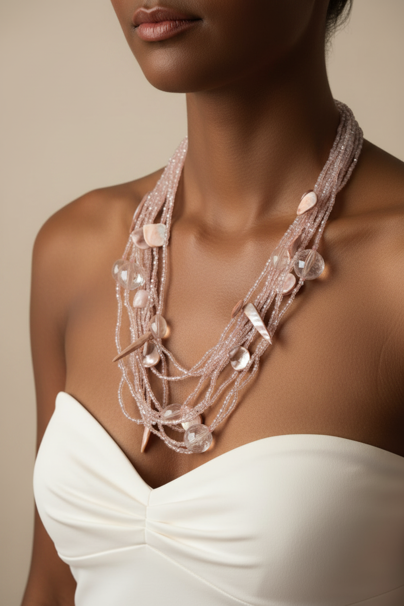 collier plastron vintage - multi rangs rose poudré irisé - perles - pendentif nacre chic