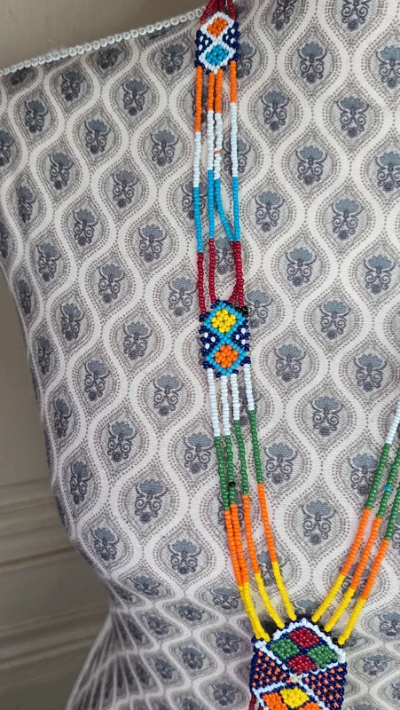 collier sautoir vintage - neuf - perles multicolore  -style ethnique aztèque bohème franges pendentif