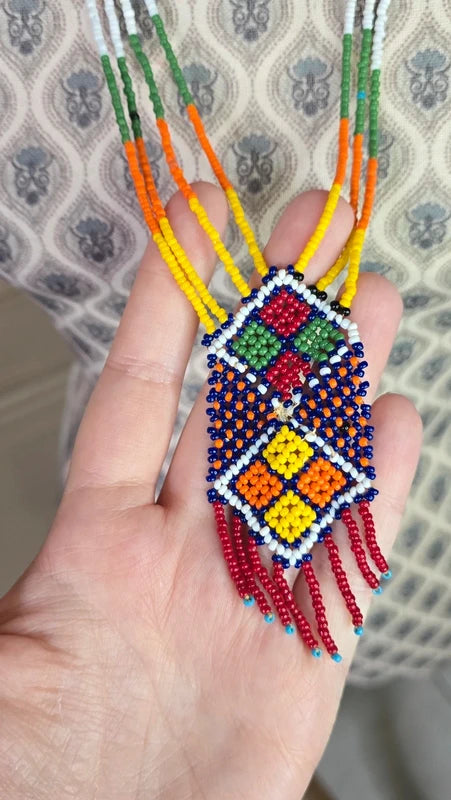 collier sautoir vintage - neuf - perles multicolore  -style ethnique aztèque bohème franges pendentif