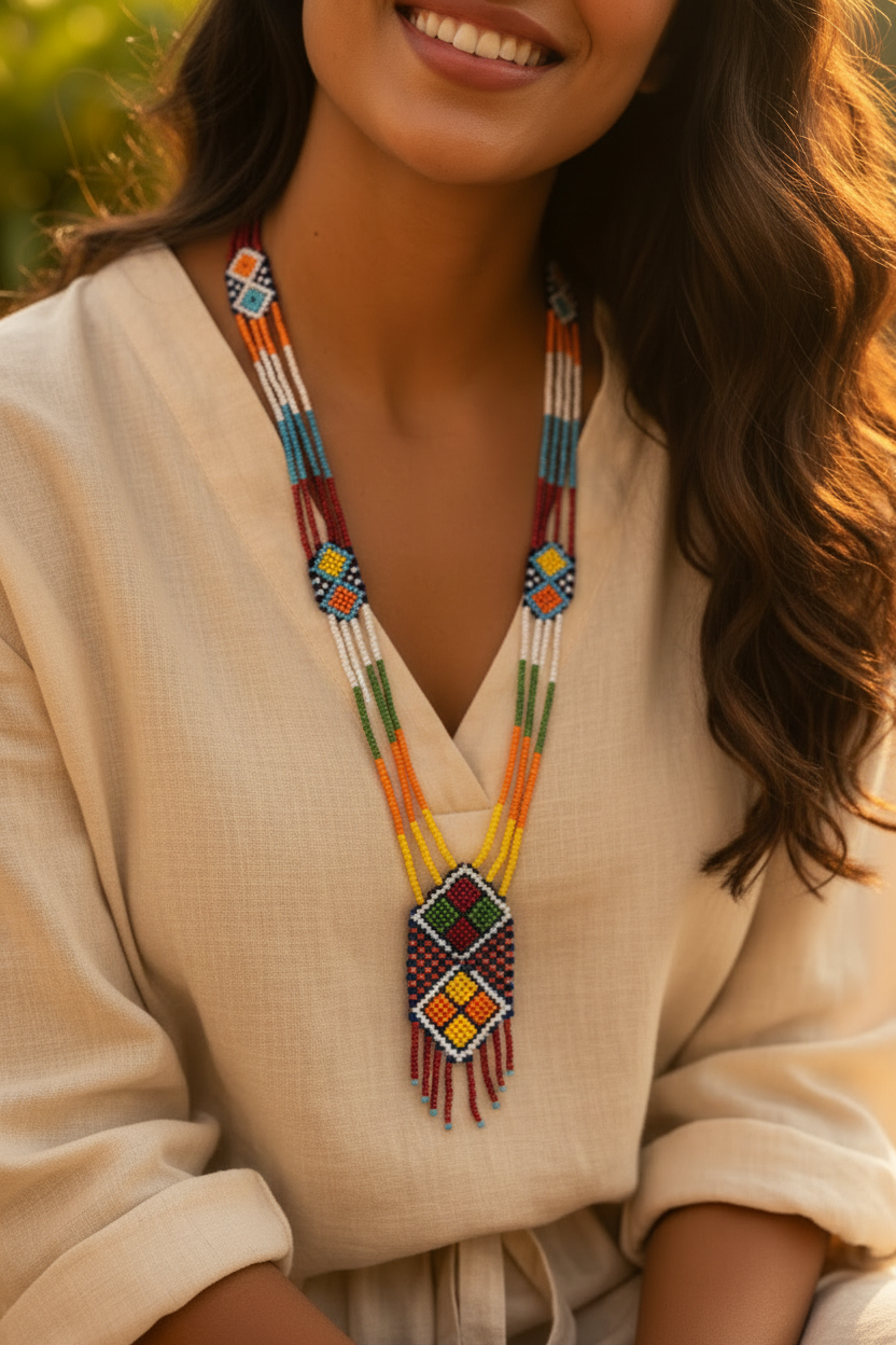 collier sautoir vintage - neuf - perles multicolore  -style ethnique aztèque bohème franges pendentif