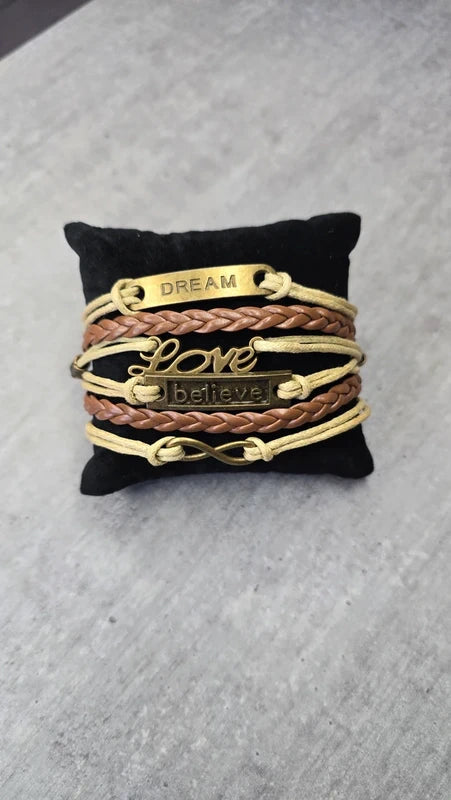 bracelet manchette vintage - neuf - cordon tresse simili cuir beige marron - pendentif love dream believe infini