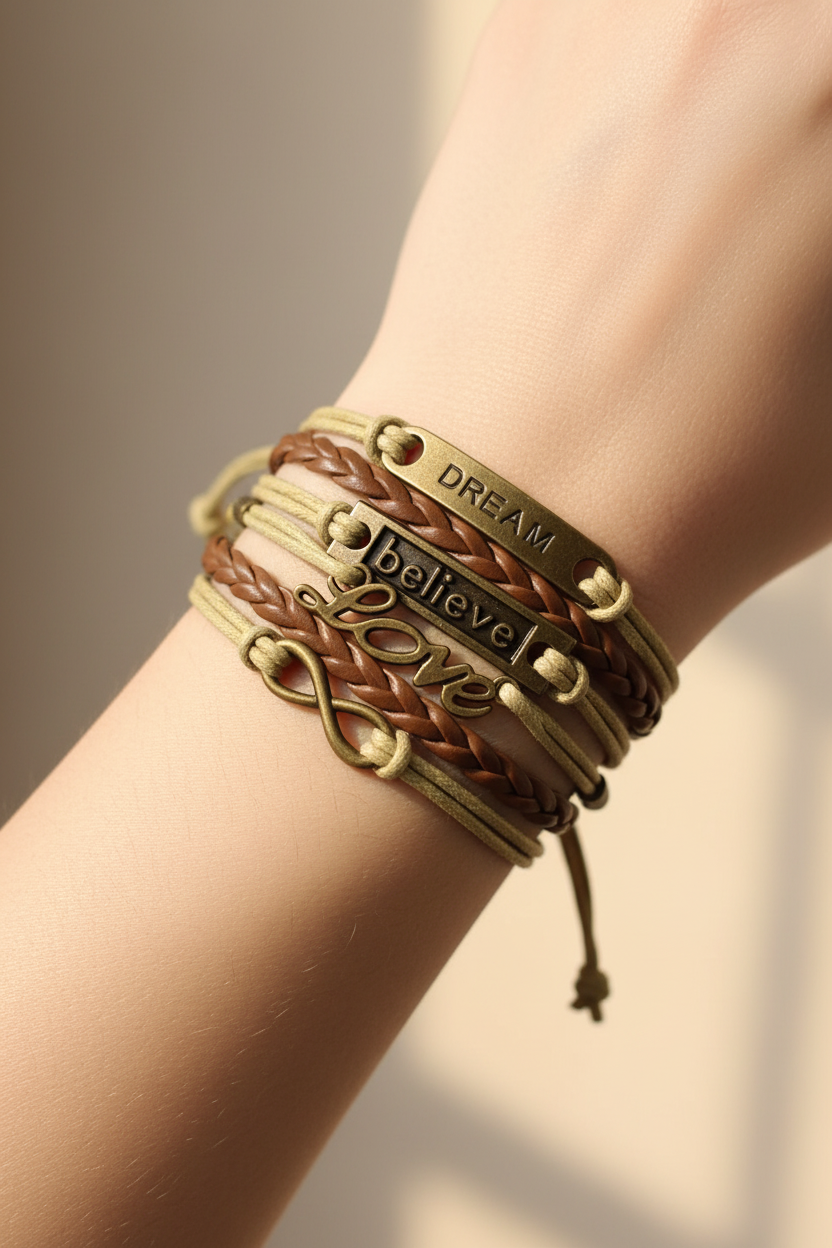 bracelet manchette vintage - neuf - cordon tresse simili cuir beige marron - pendentif love dream believe infini