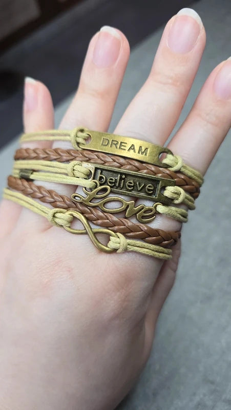 bracelet manchette vintage - neuf - cordon tresse simili cuir beige marron - pendentif love dream believe infini