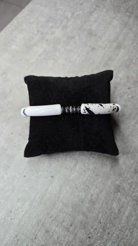 Bracelet - fait main - tube acétate noir blanc dalmatien - pierre naturelle hématite - extensible tendance